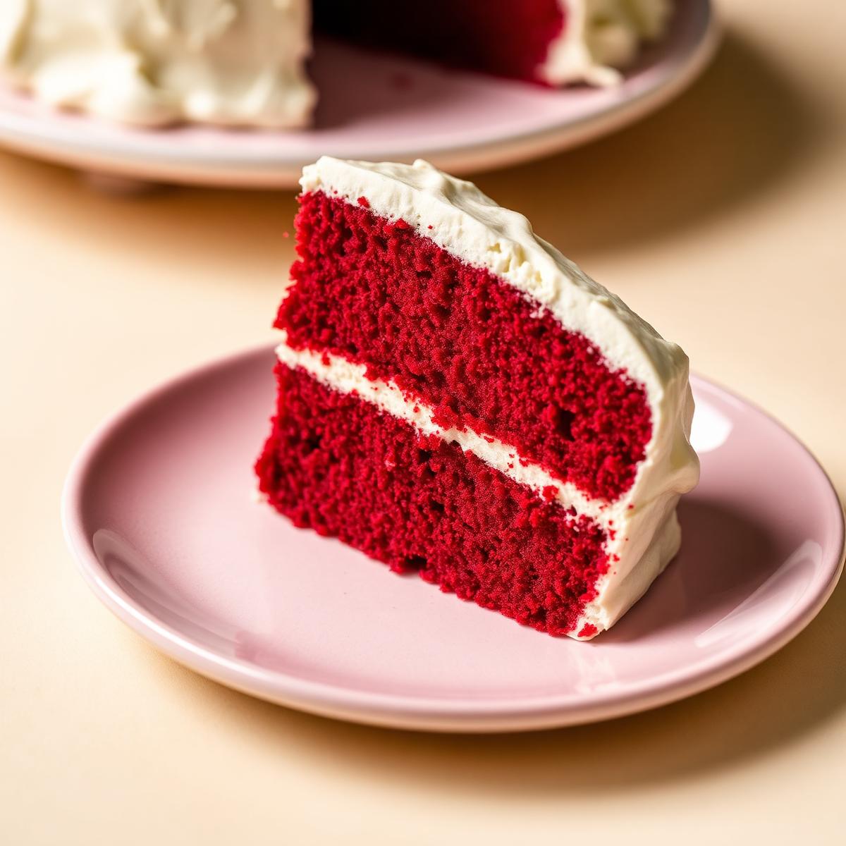 Slice of red velvet cake with cream cheese buttercream
